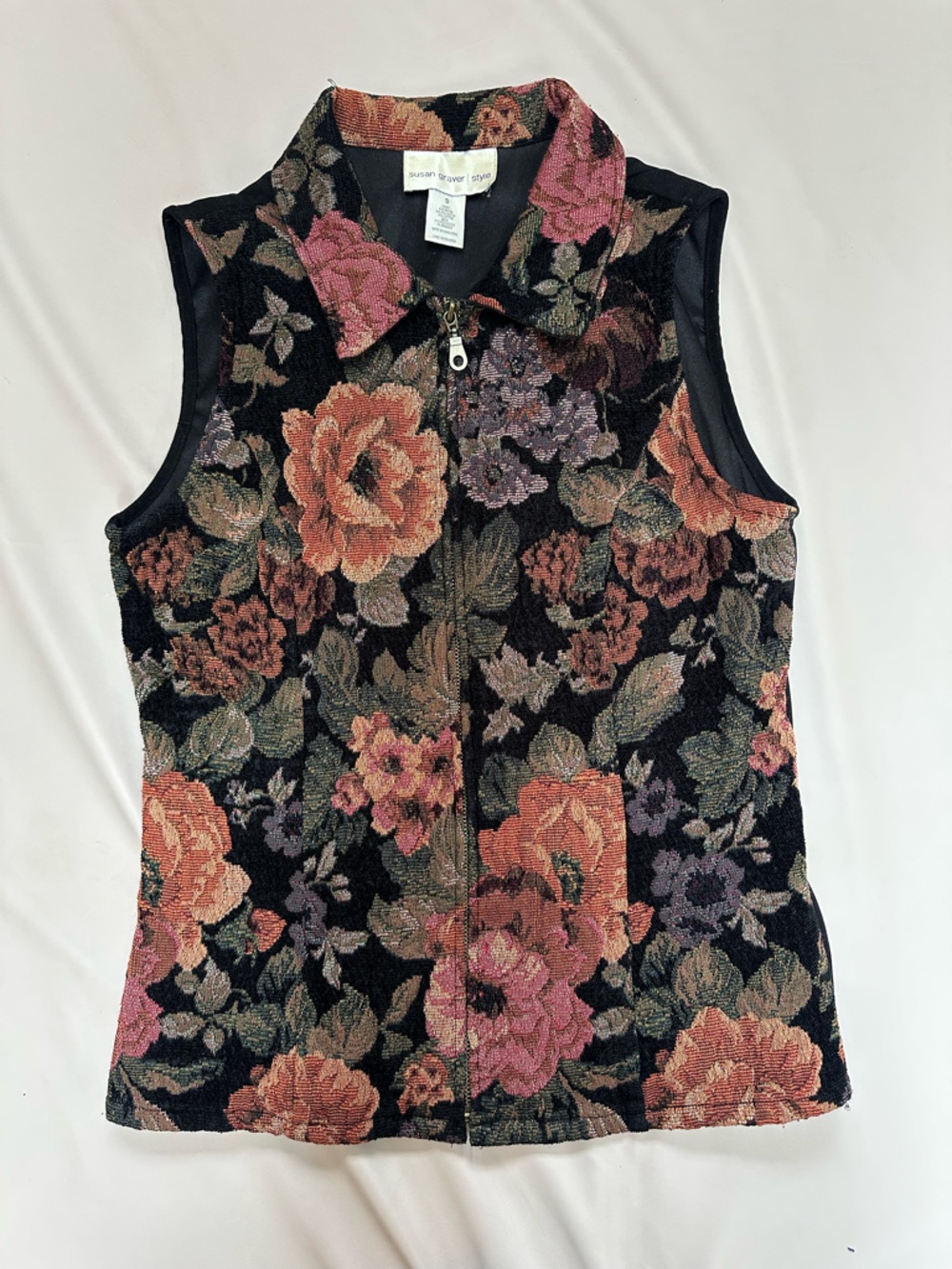 Susan Graver Black Floral Jacquard Zip-Front Tank